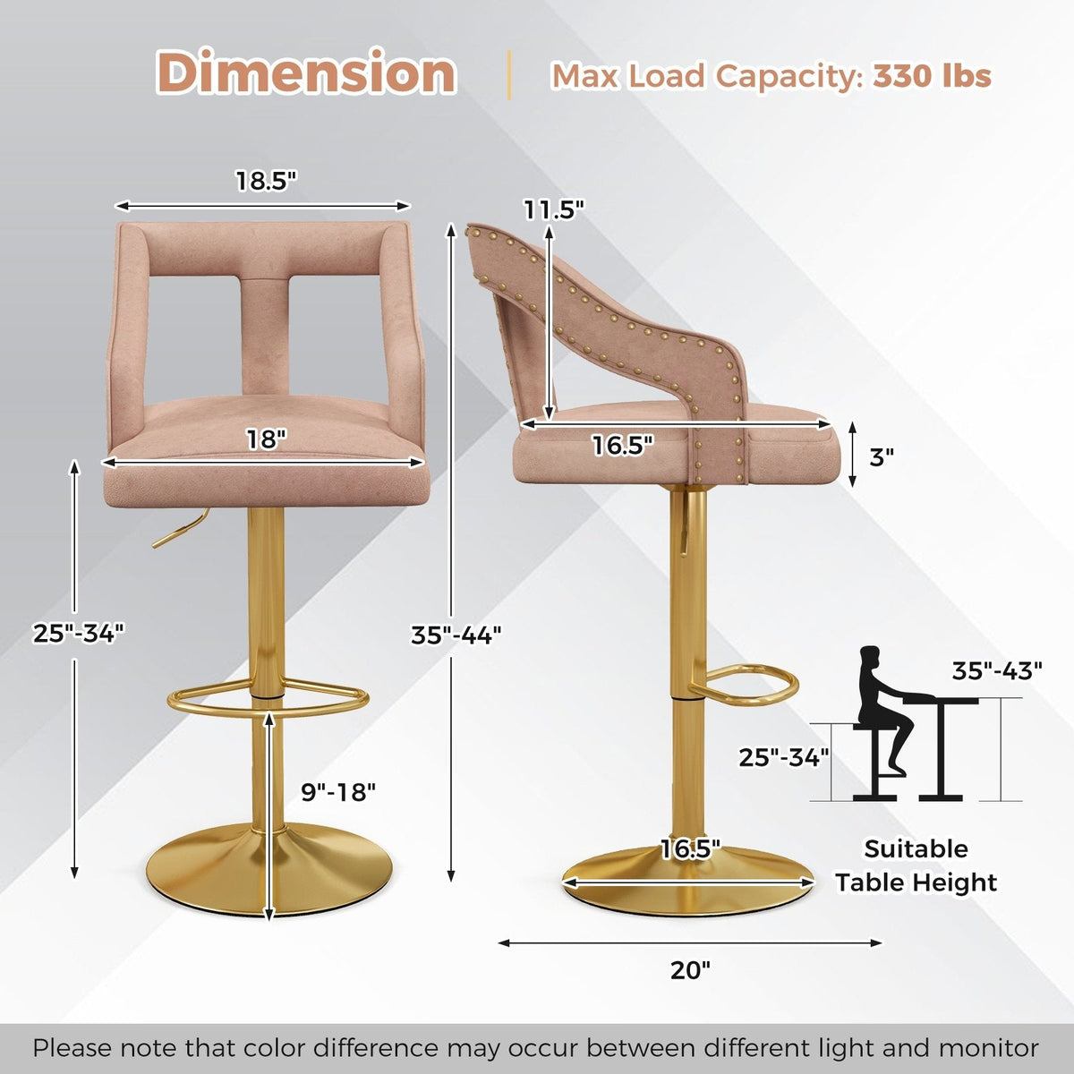 Set of 2 Velvet Bar Chairs with Gold Base and T Shaped Backs in Pink, 25 to 34 Inch Seat
