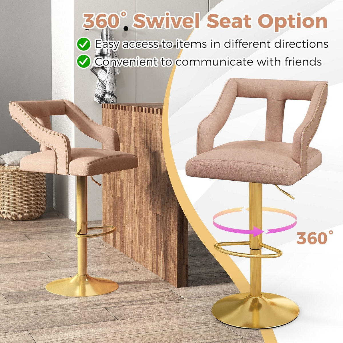 Set of 2 Velvet Bar Chairs with Gold Base and T Shaped Backs in Pink, 25 to 34 Inch Seat