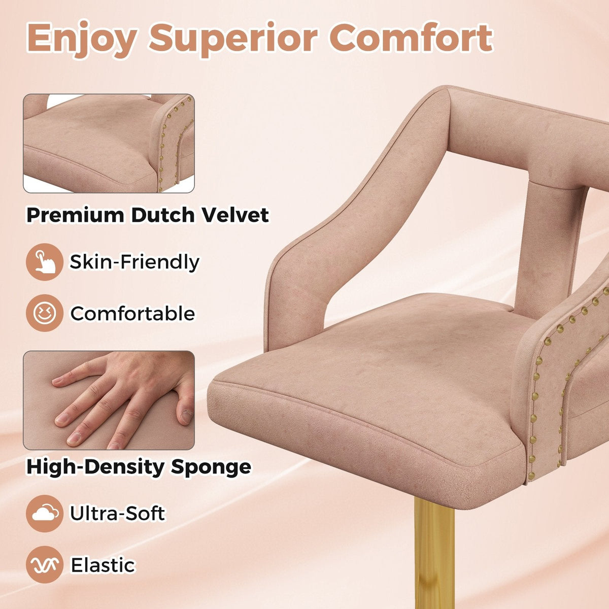 Set of 2 Velvet Bar Chairs with Gold Base and T Shaped Backs in Pink, 25 to 34 Inch Seat