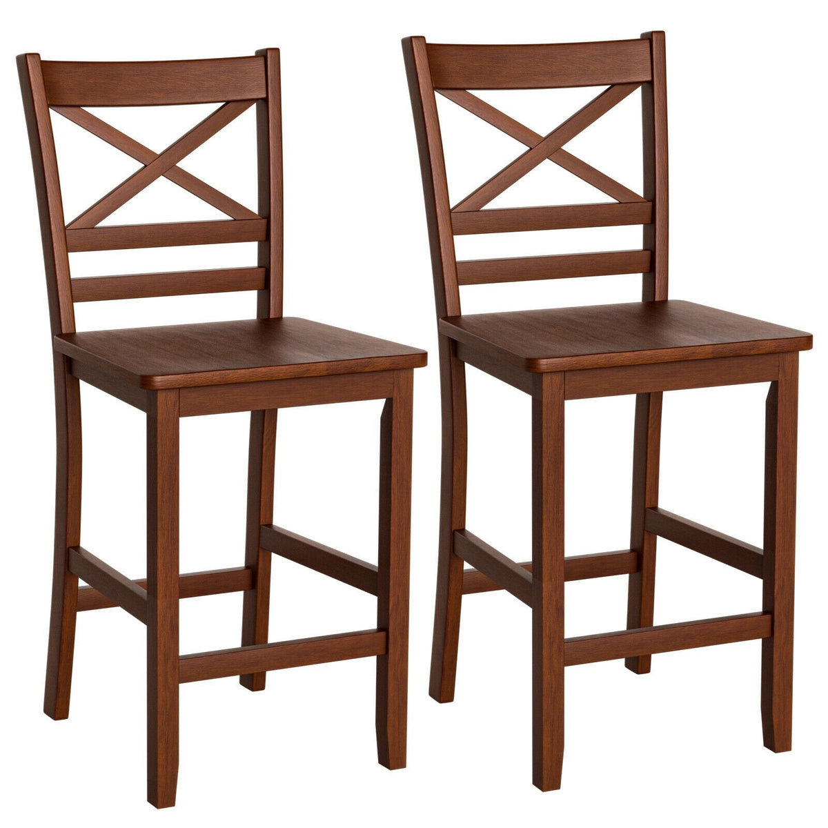 Set of 2 Cross Back Counter Stools with Solid Wood Seats in Walnut, 24 Inch Seat