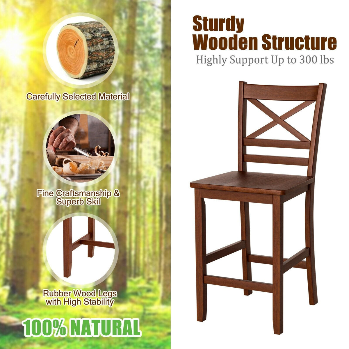 Set of 2 Cross Back Counter Stools with Solid Wood Seats in Walnut, 24 Inch Seat