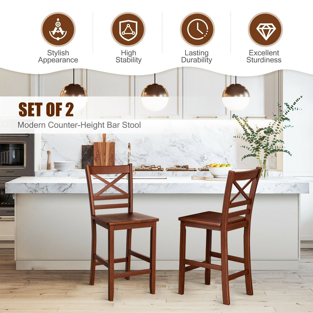Set of 2 Cross Back Counter Stools with Solid Wood Seats in Walnut, 24 Inch Seat