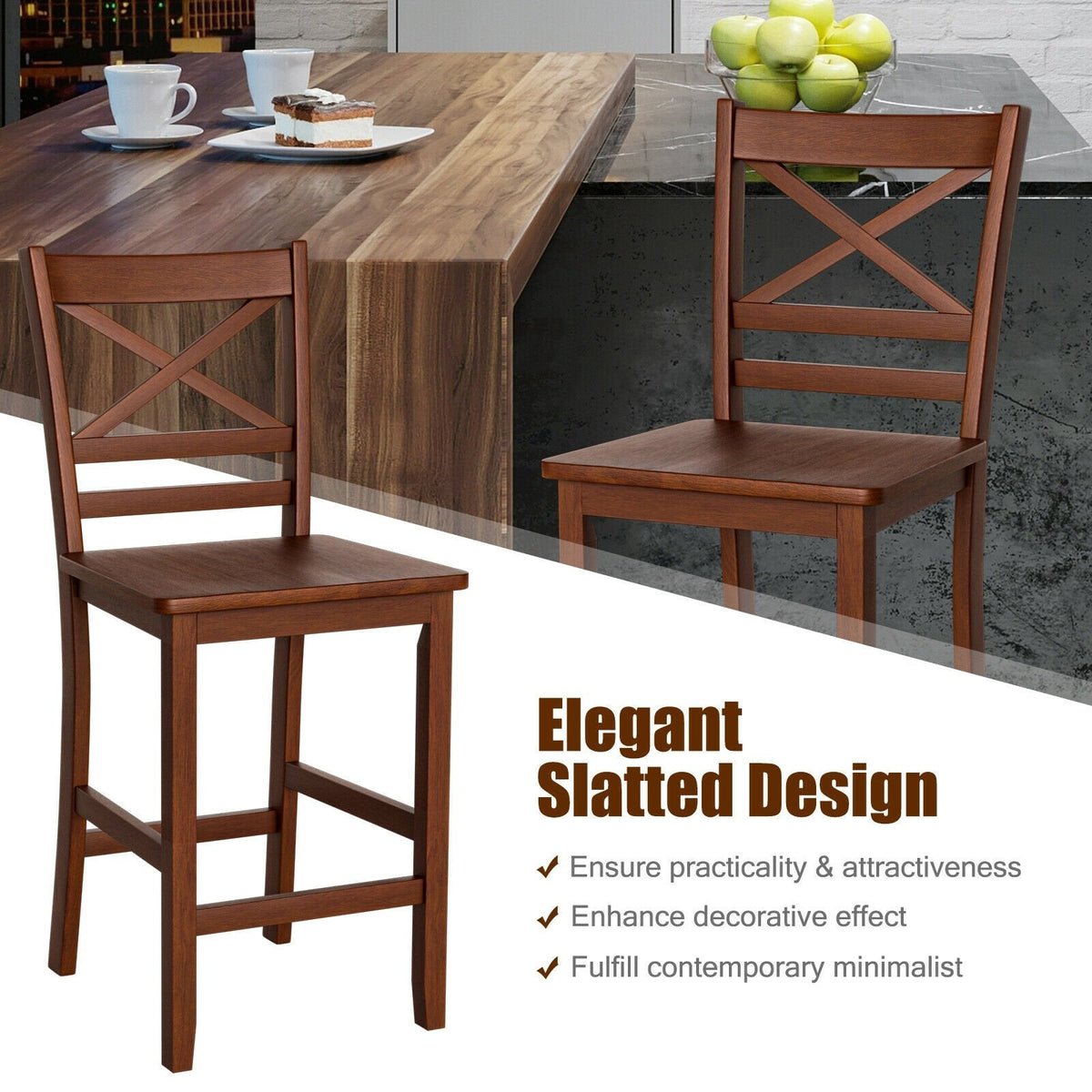 Set of 2 Cross Back Counter Stools with Solid Wood Seats in Walnut, 24 Inch Seat