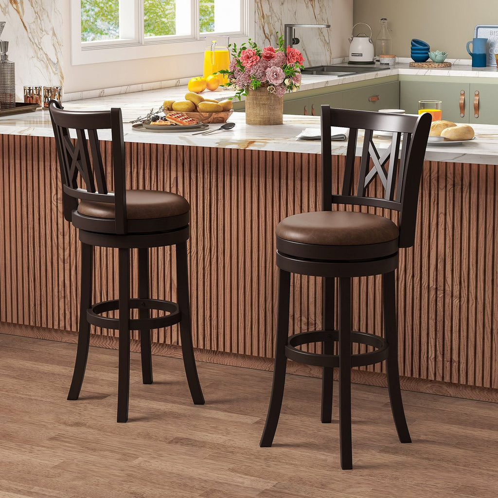Set of 2 Bar Height Swivel Stools with Hollowed X Backs in Espresso, 30 Inch Seat