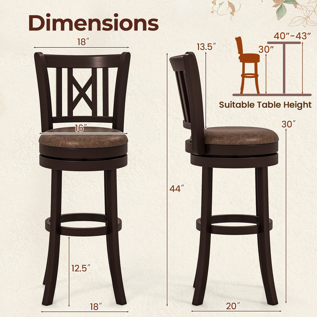 Set of 2 Bar Height Swivel Stools with Hollowed X Backs in Espresso, 30 Inch Seat