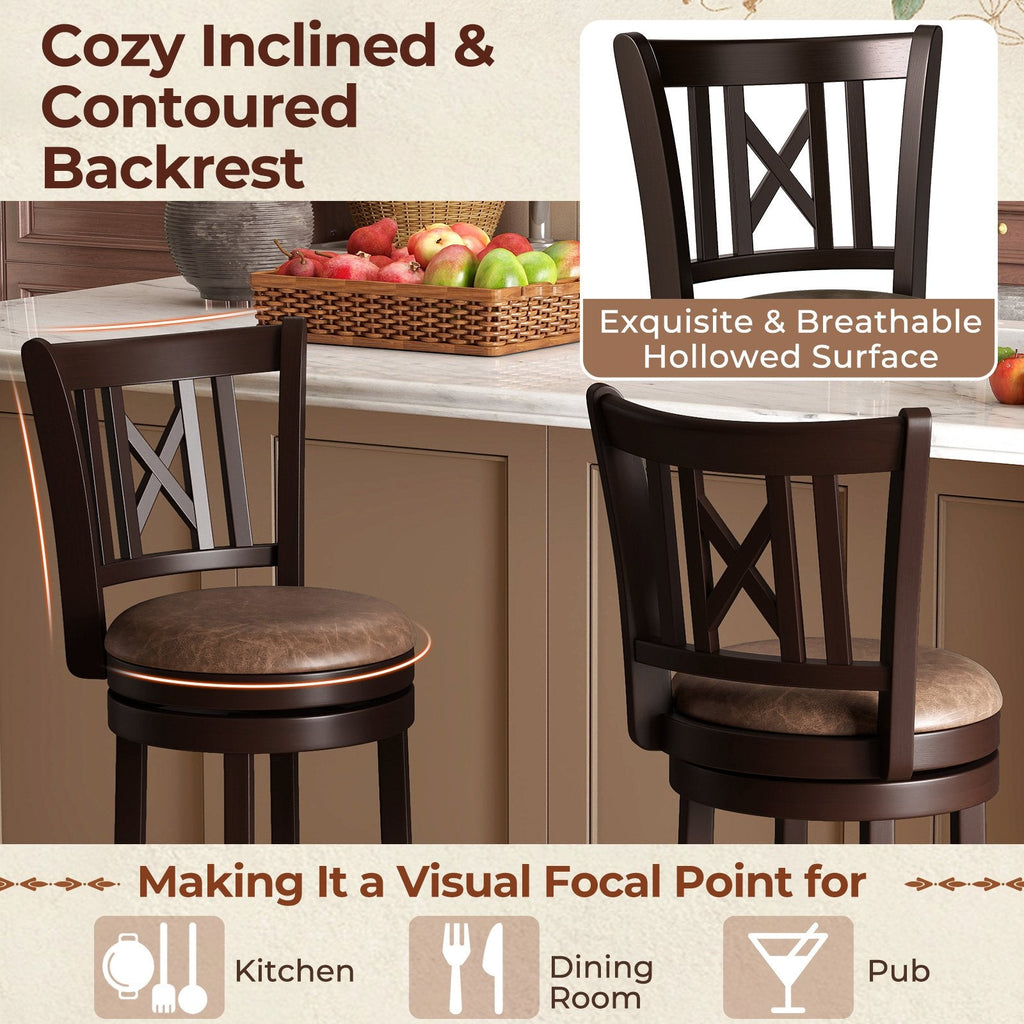 Set of 2 Bar Height Swivel Stools with Hollowed X Backs in Espresso, 30 Inch Seat