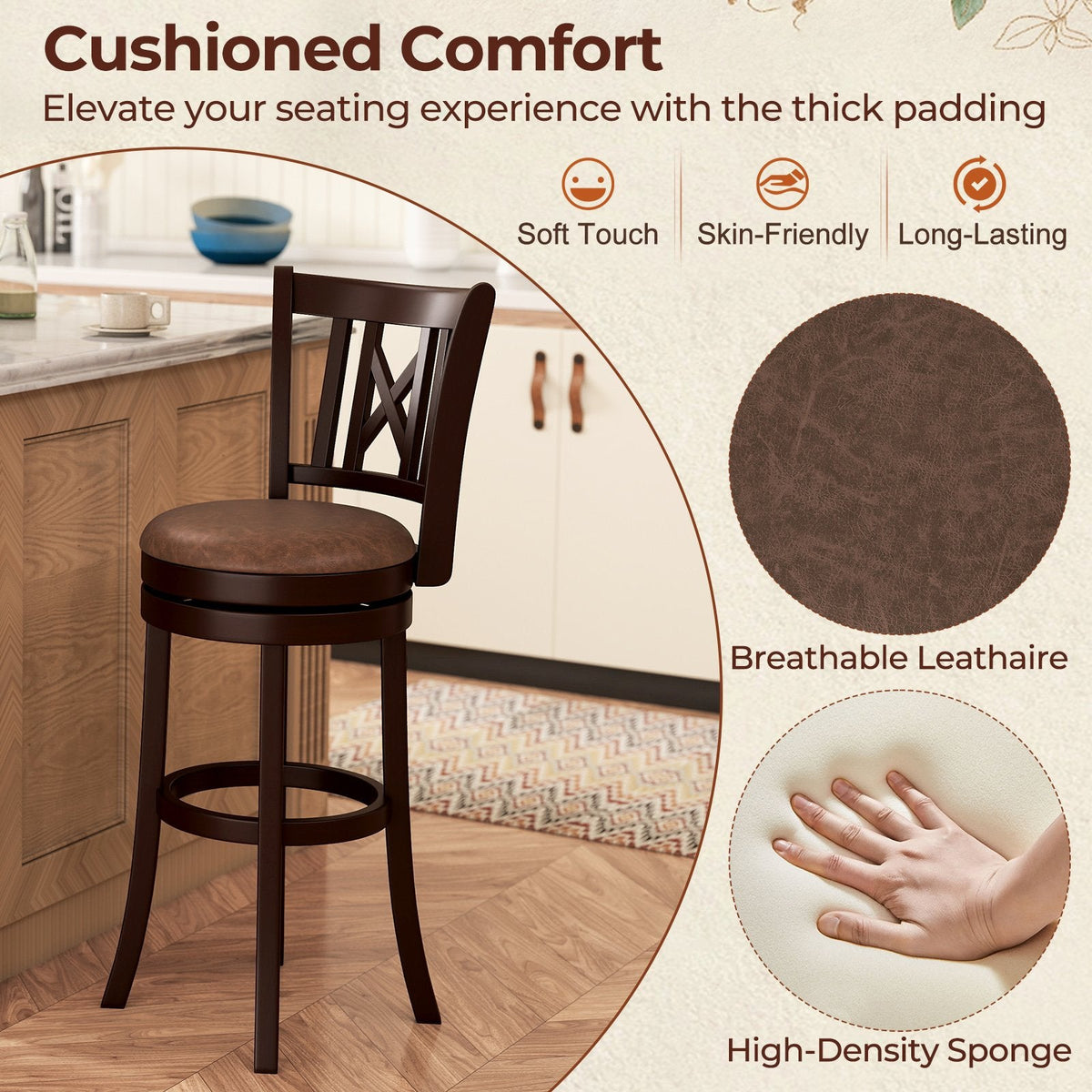 Set of 2 Bar Height Swivel Stools with Hollowed X Backs in Espresso, 30 Inch Seat