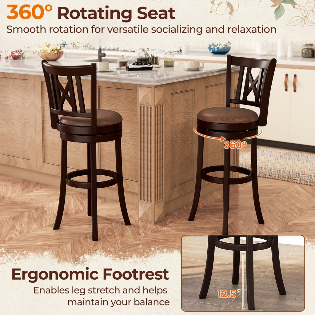 Set of 2 Bar Height Swivel Stools with Hollowed X Backs in Espresso, 30 Inch Seat