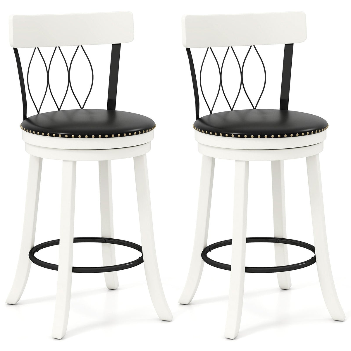 Set of 2 Swivel Counter Stools with Metal Pattern Backs in White, 26 Inch Seat Height