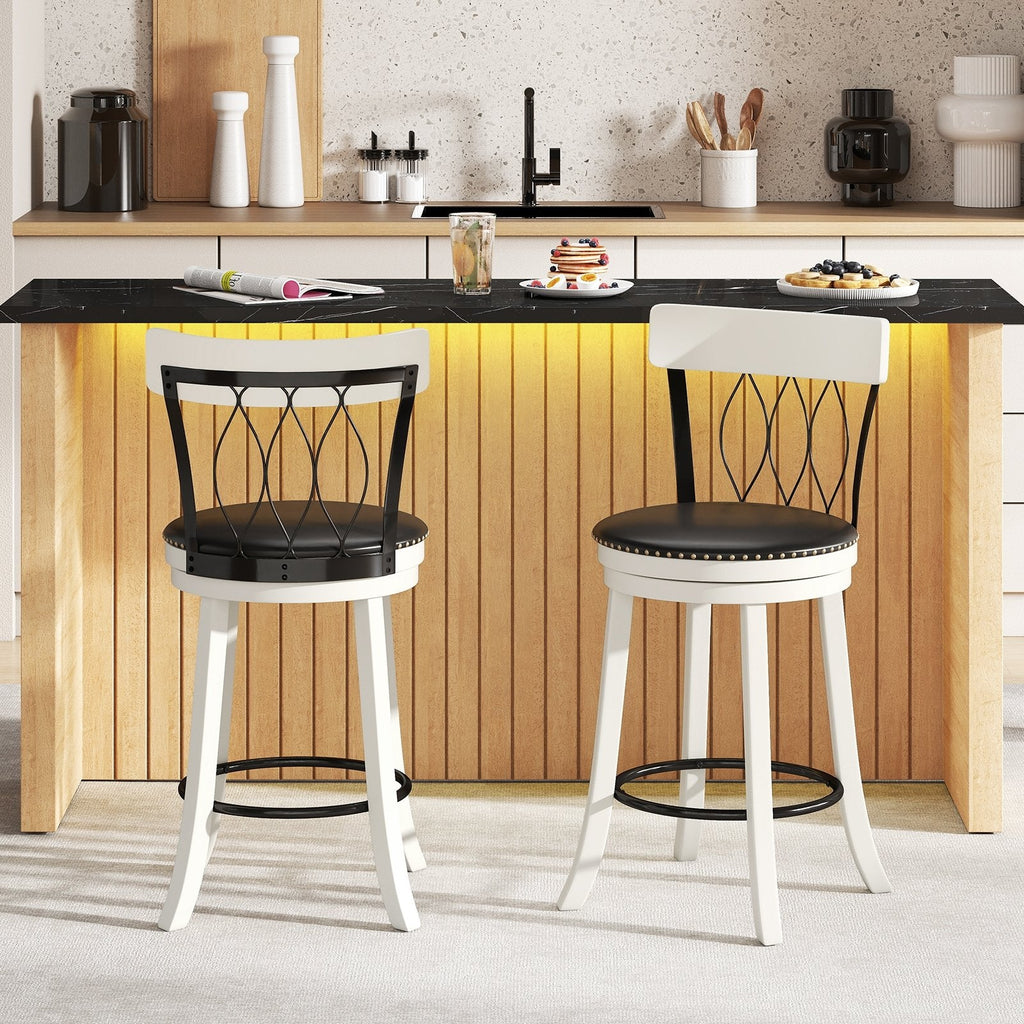 Set of 2 Swivel Counter Stools with Metal Pattern Backs in White, 26 Inch Seat Height