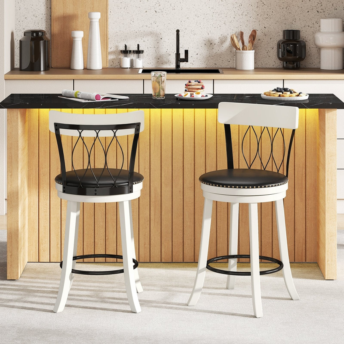 Set of 2 Swivel Counter Stools with Metal Pattern Backs in White, 26 Inch Seat Height