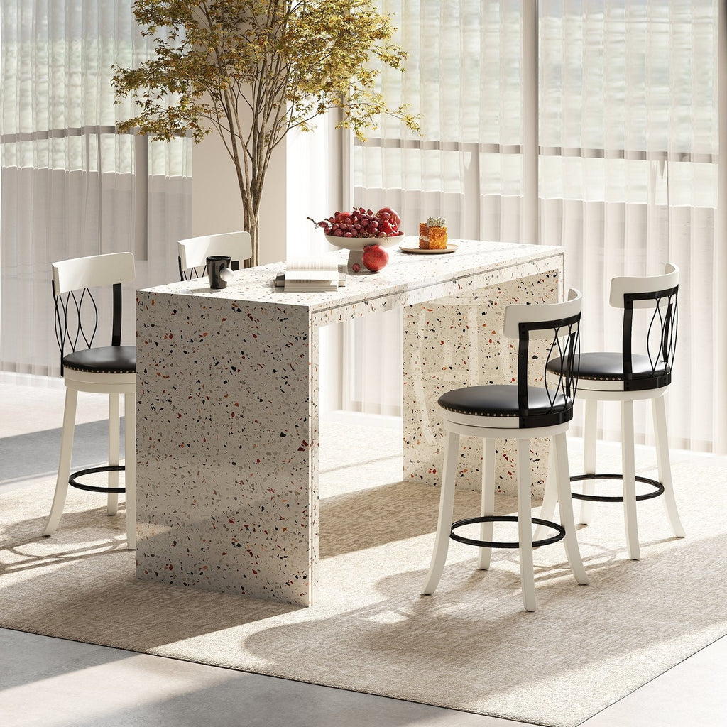 Set of 2 Swivel Counter Stools with Metal Pattern Backs in White, 26 Inch Seat Height