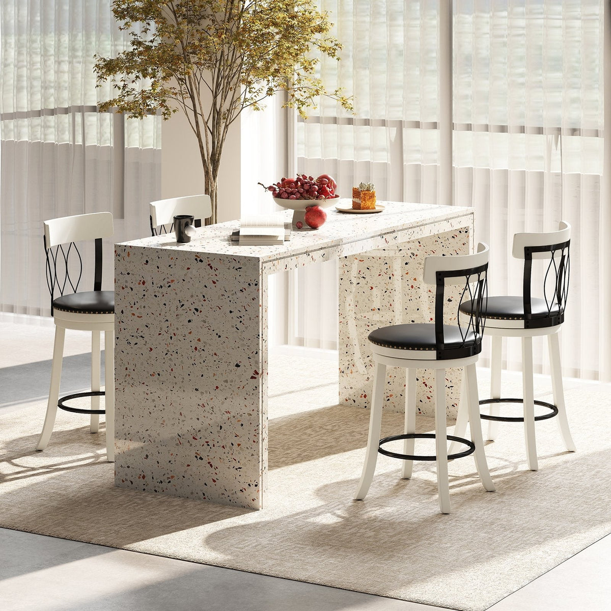 Set of 2 Swivel Counter Stools with Metal Pattern Backs in White, 26 Inch Seat Height
