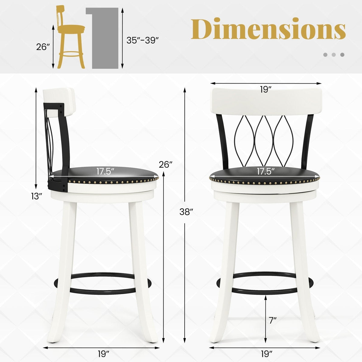 Set of 2 Swivel Counter Stools with Metal Pattern Backs in White, 26 Inch Seat Height