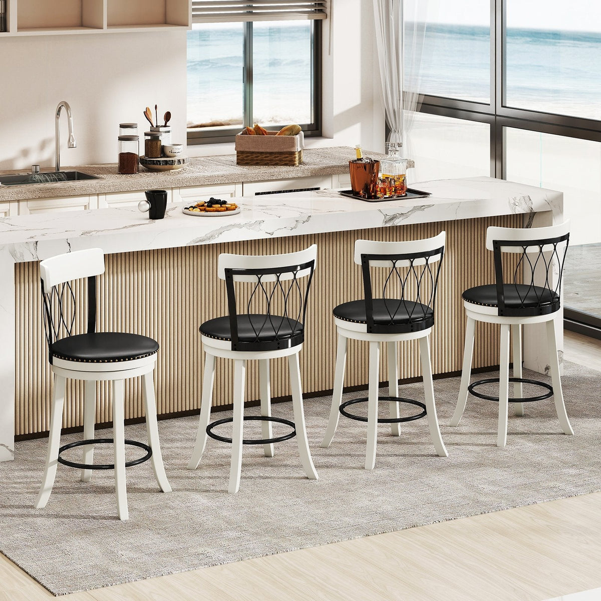 Set of 2 Swivel Counter Stools with Metal Pattern Backs in White, 26 Inch Seat Height