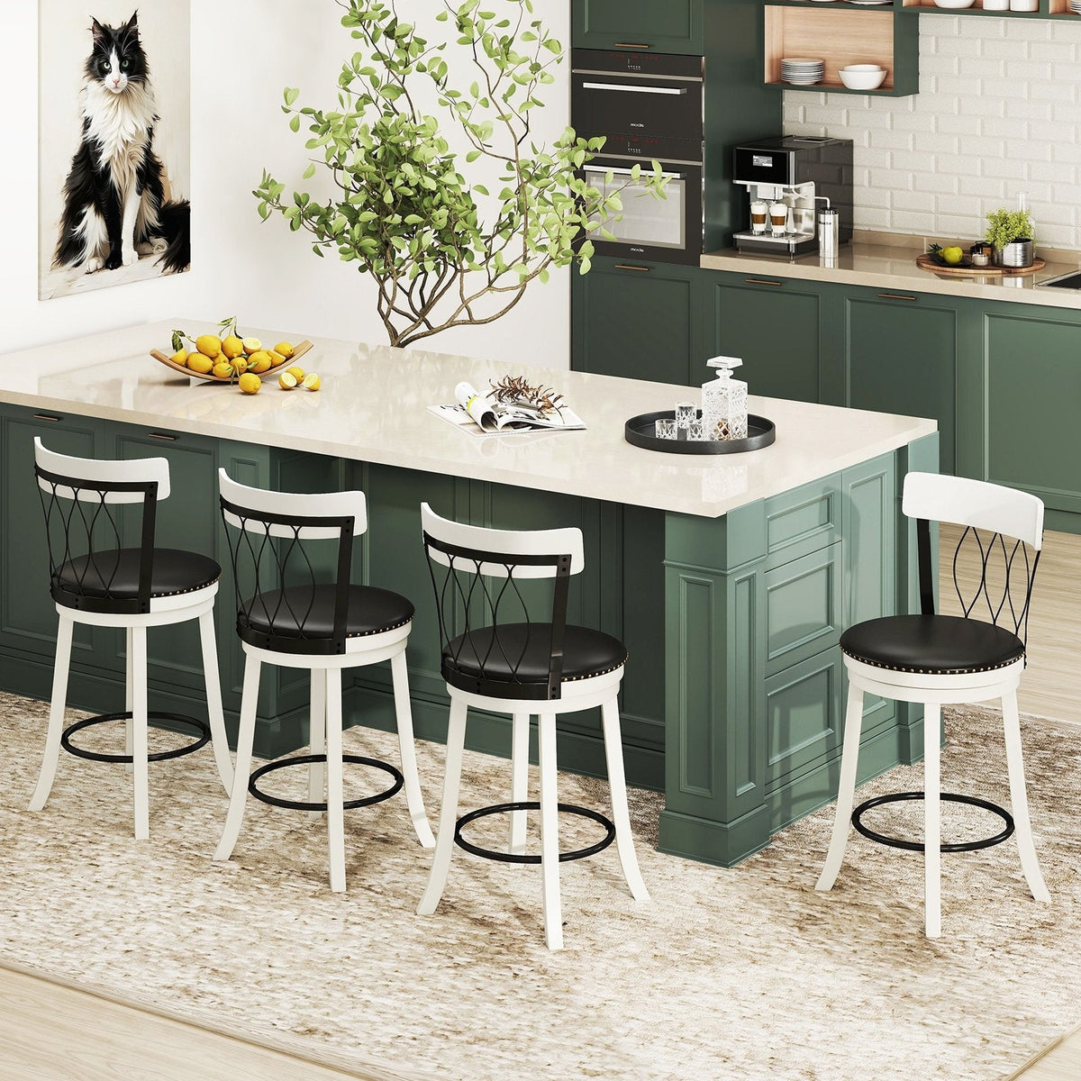 Set of 2 Swivel Counter Stools with Metal Pattern Backs in White, 26 Inch Seat Height