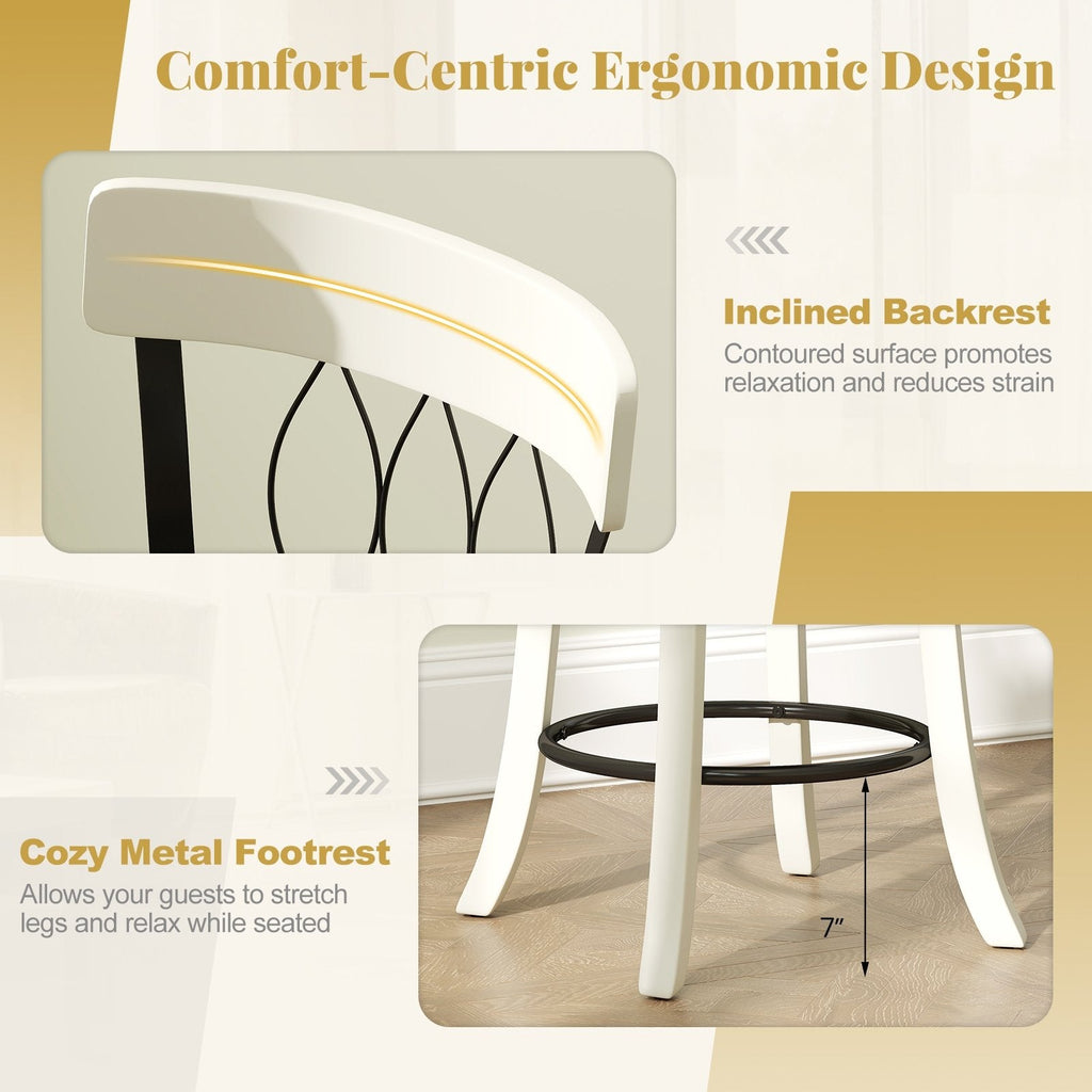 Set of 2 Swivel Counter Stools with Metal Pattern Backs in White, 26 Inch Seat Height