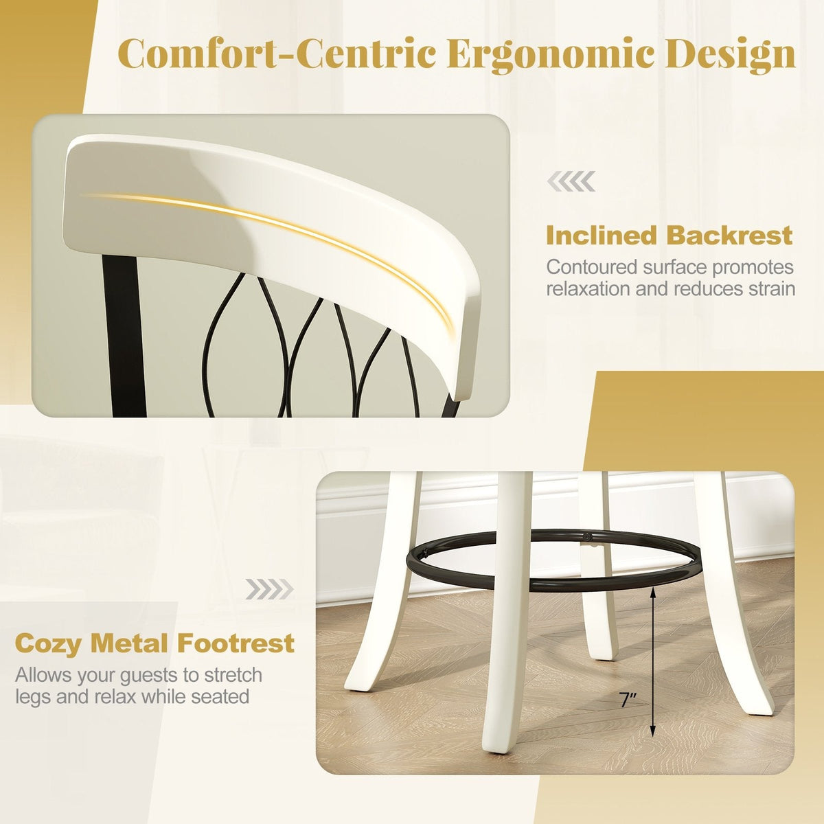 Set of 2 Swivel Counter Stools with Metal Pattern Backs in White, 26 Inch Seat Height