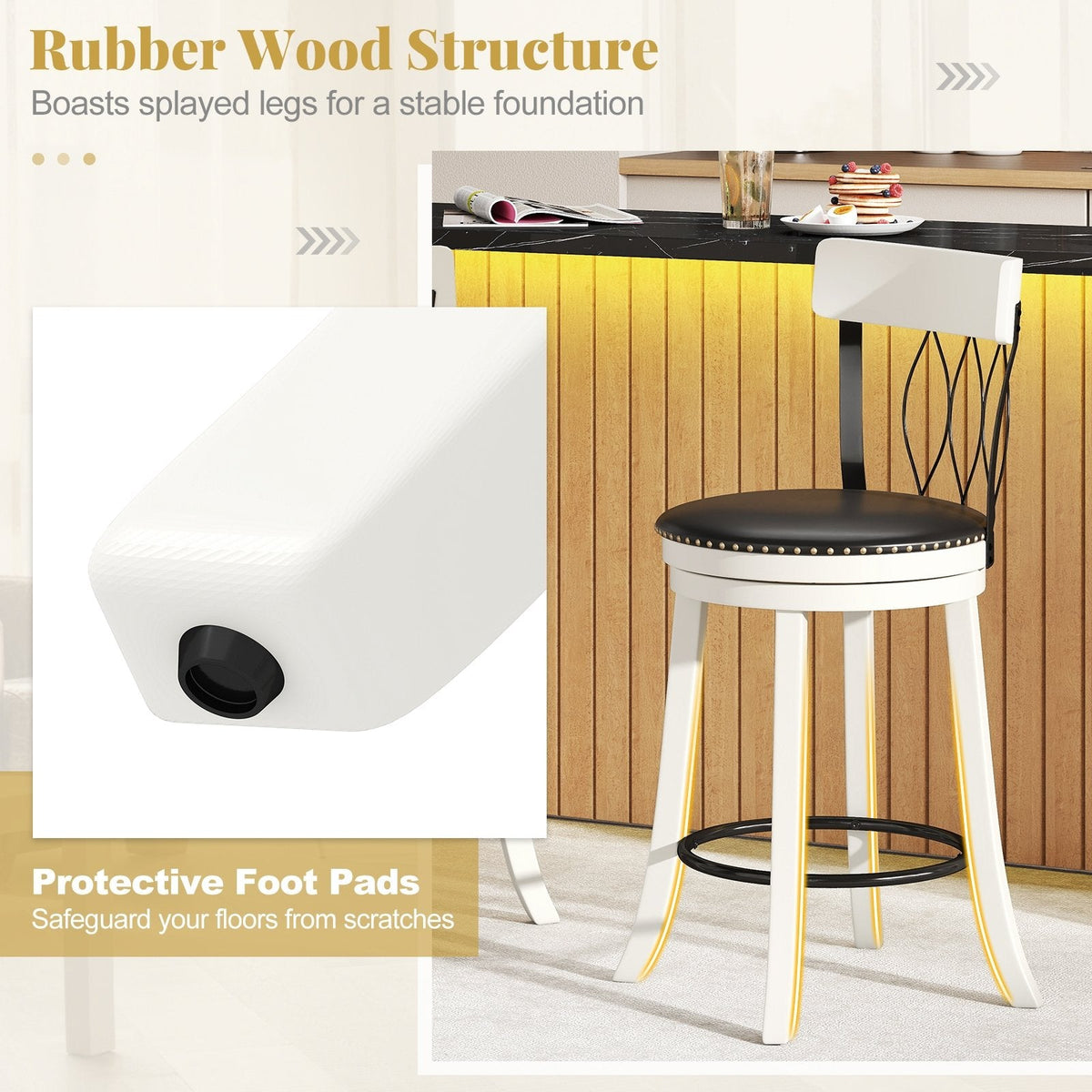 Set of 2 Swivel Counter Stools with Metal Pattern Backs in White, 26 Inch Seat Height
