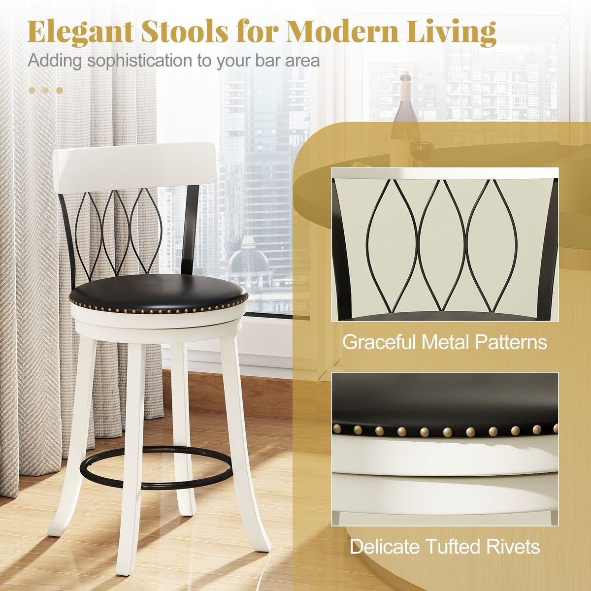 Set of 2 Swivel Counter Stools with Metal Pattern Backs in White, 26 Inch Seat Height