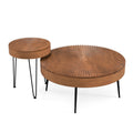 Set of 2 Boho Round Coffee Tables, Solid Pine Tops on Triangular Metal Legs, Brown