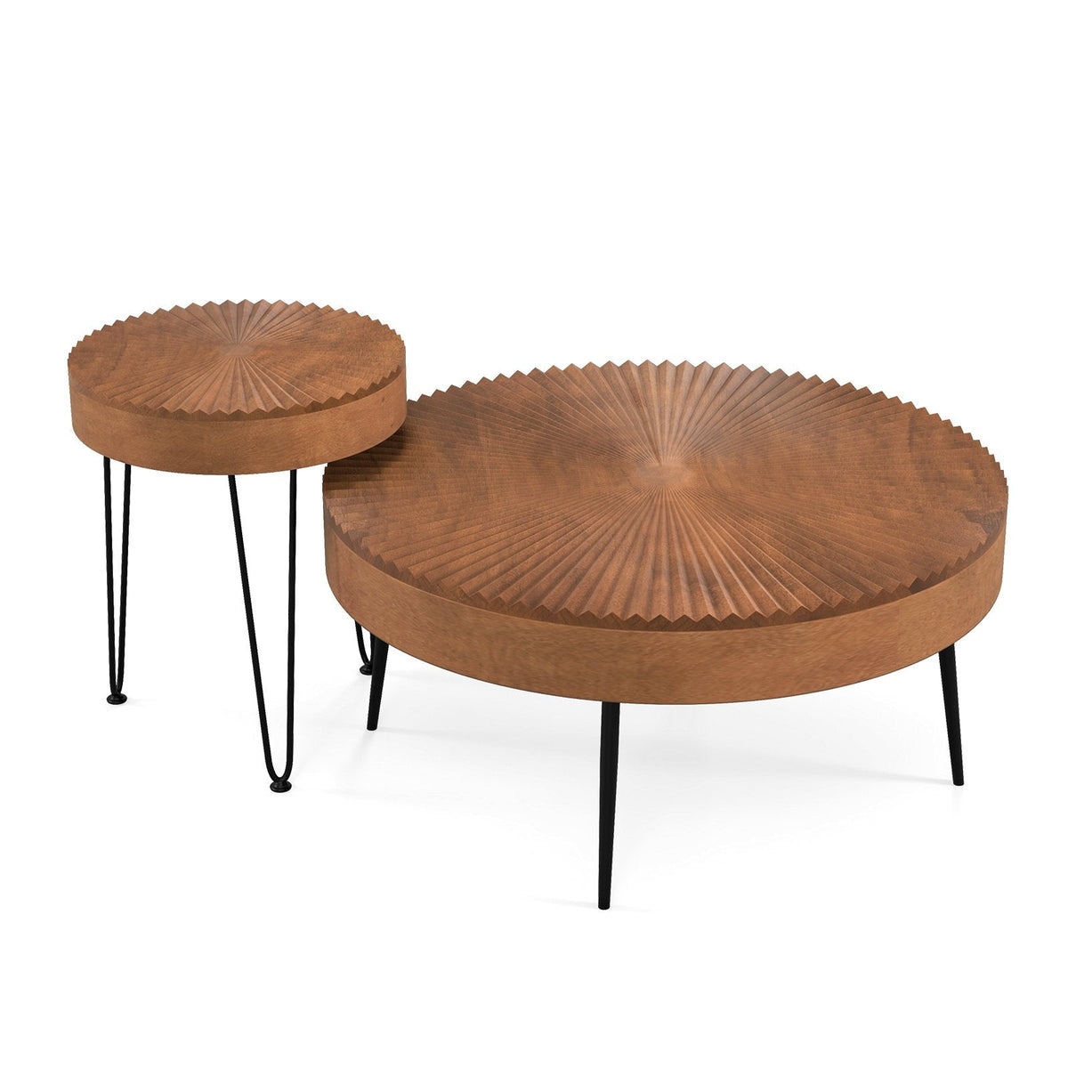 Set of 2 Boho Round Coffee Tables, Solid Pine Tops on Triangular Metal Legs, Brown