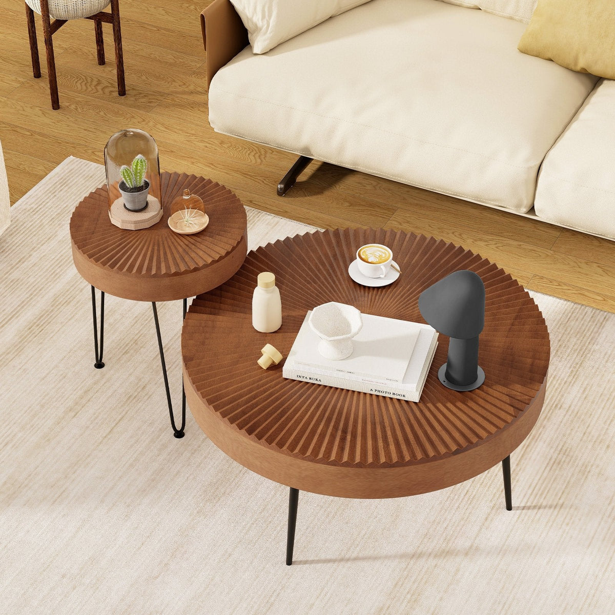 Set of 2 Boho Round Coffee Tables, Solid Pine Tops on Triangular Metal Legs, Brown