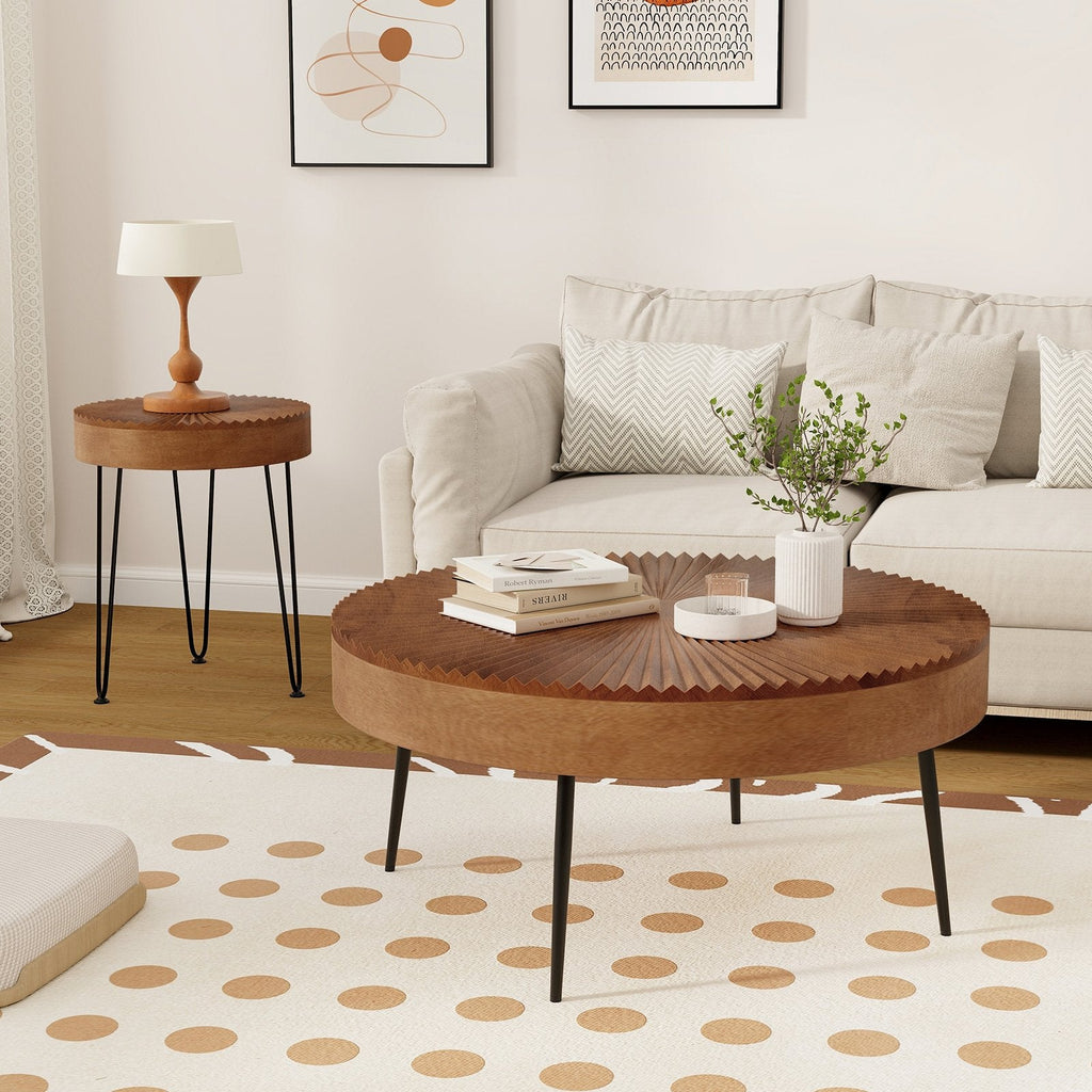 Set of 2 Boho Round Coffee Tables, Solid Pine Tops on Triangular Metal Legs, Brown