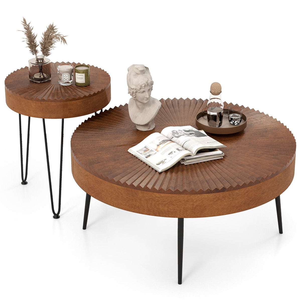 Set of 2 Boho Round Coffee Tables, Solid Pine Tops on Triangular Metal Legs, Brown