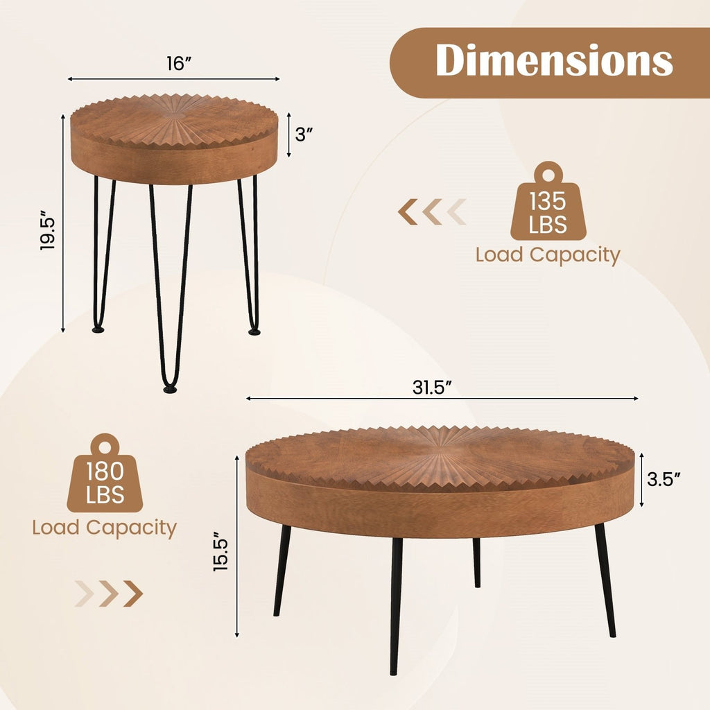 Set of 2 Boho Round Coffee Tables, Solid Pine Tops on Triangular Metal Legs, Brown