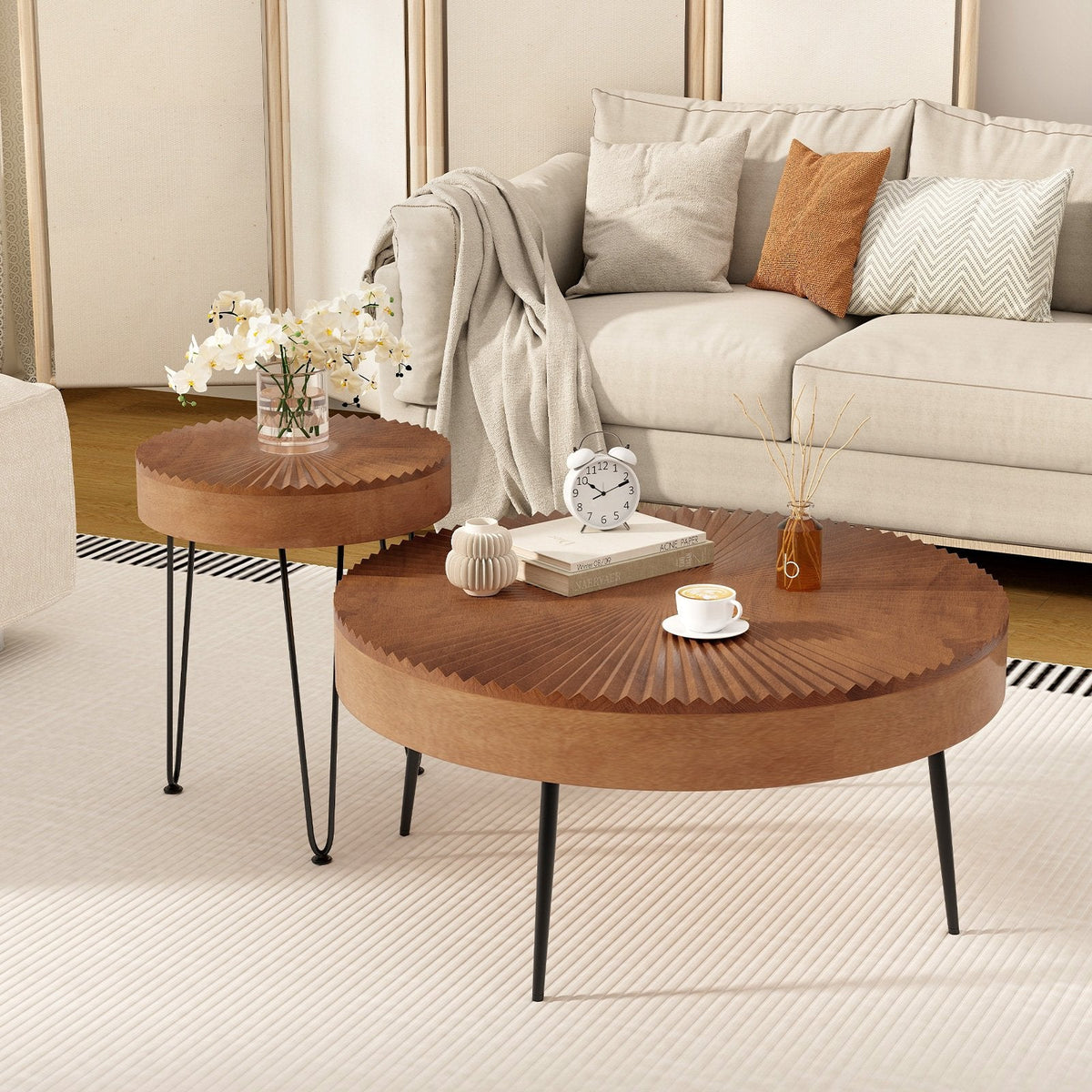 Set of 2 Boho Round Coffee Tables, Solid Pine Tops on Triangular Metal Legs, Brown