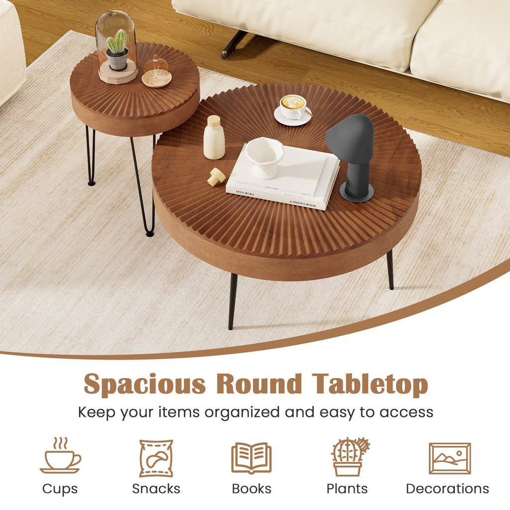 Set of 2 Boho Round Coffee Tables, Solid Pine Tops on Triangular Metal Legs, Brown