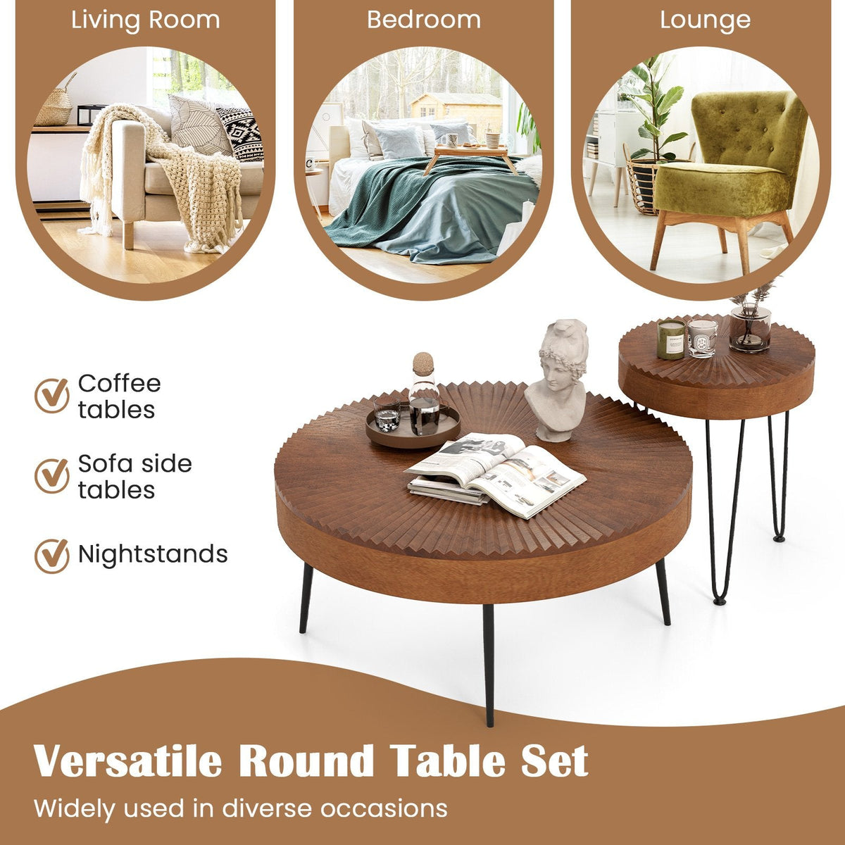 Set of 2 Boho Round Coffee Tables, Solid Pine Tops on Triangular Metal Legs, Brown