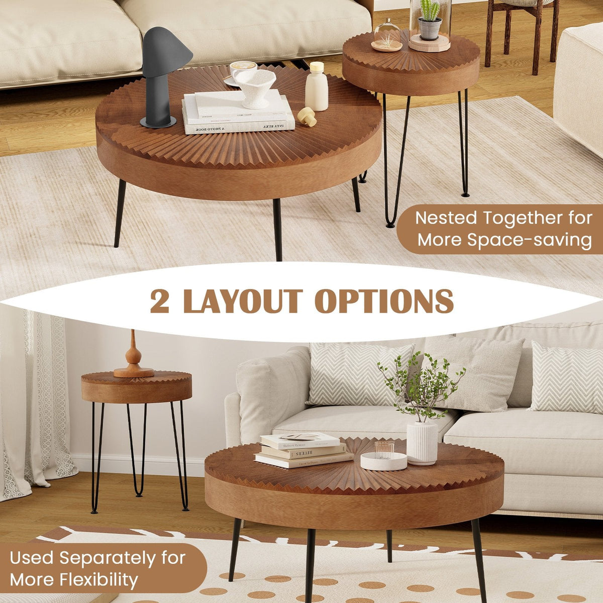 Set of 2 Boho Round Coffee Tables, Solid Pine Tops on Triangular Metal Legs, Brown