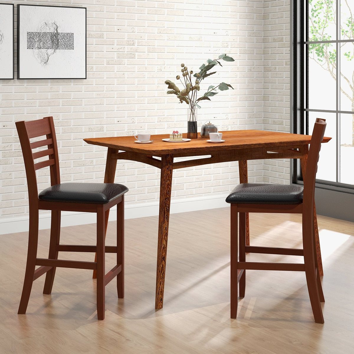 Set of 2 Slatted Back Counter Stools in Walnut with Padded Seats, 25.5 Inch Seat