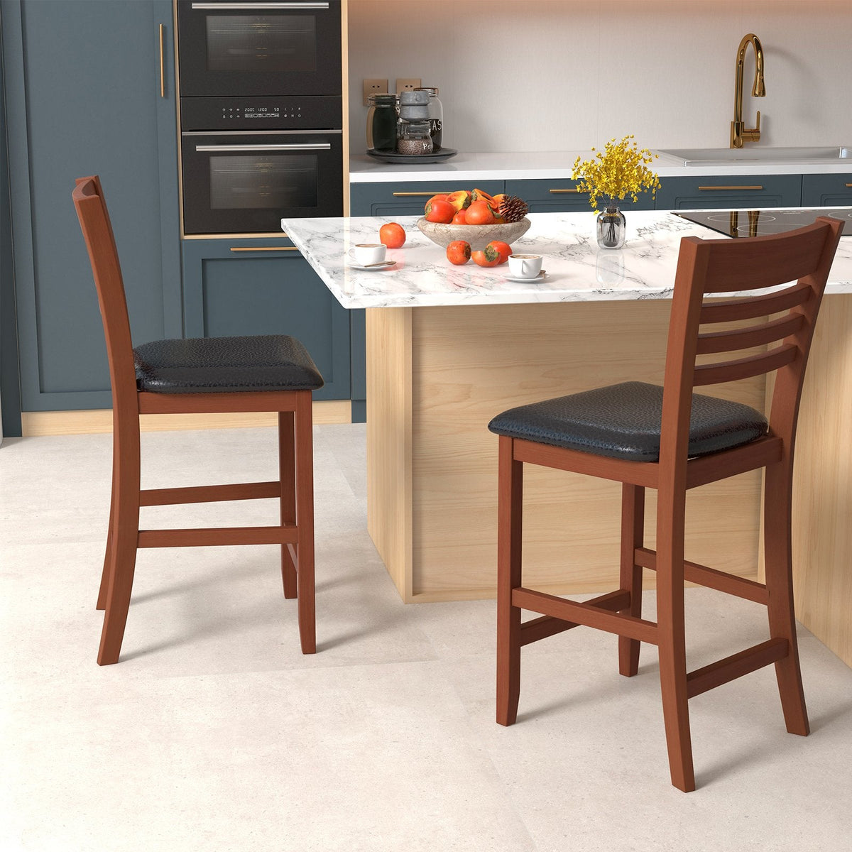 Set of 2 Slatted Back Counter Stools in Walnut with Padded Seats, 25.5 Inch Seat
