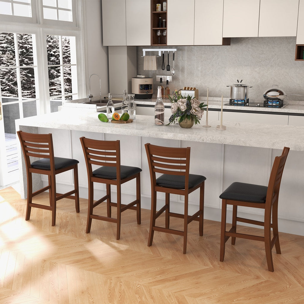 Set of 2 Slatted Back Counter Stools in Walnut with Padded Seats, 25.5 Inch Seat