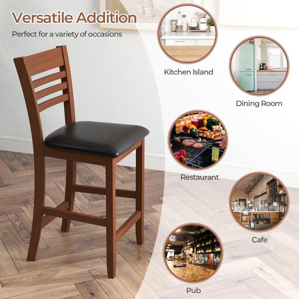Set of 2 Slatted Back Counter Stools in Walnut with Padded Seats, 25.5 Inch Seat