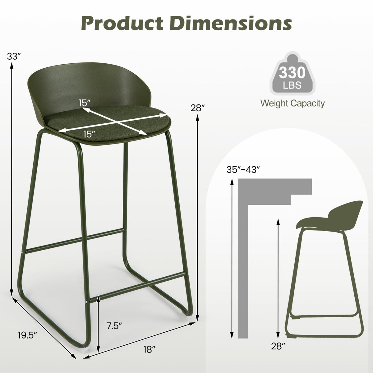 Set of 2 Barrel Back Bar Stools in Olive Green with Sled Frames, 28 Inch Seat