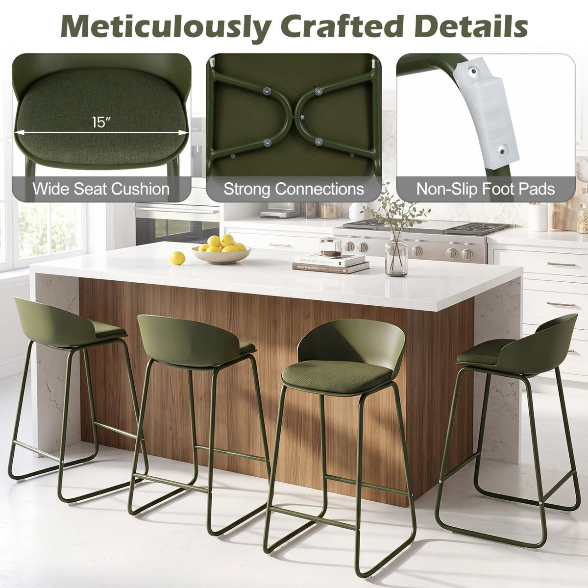 Set of 2 Barrel Back Bar Stools in Olive Green with Sled Frames, 28 Inch Seat