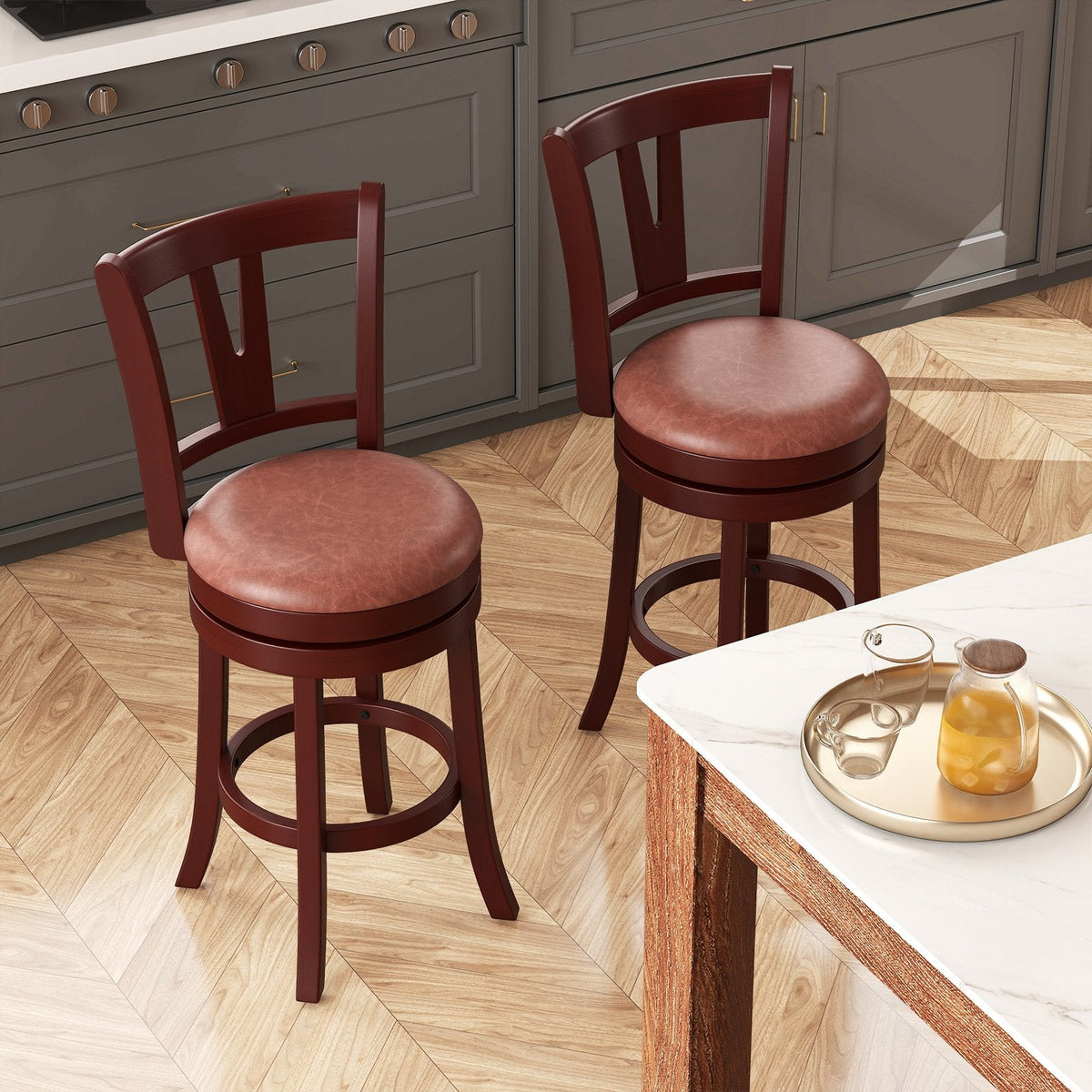 Set of 2 Bar Height Swivel Stools with High Backs and 105 Degree Recline, 30 Inch Seat