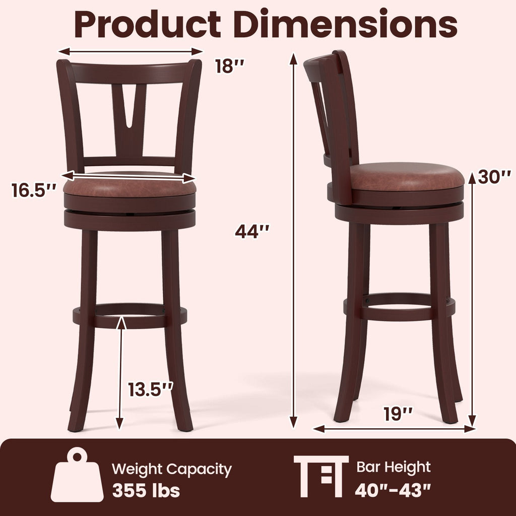 Set of 2 Bar Height Swivel Stools with High Backs and 105 Degree Recline, 30 Inch Seat