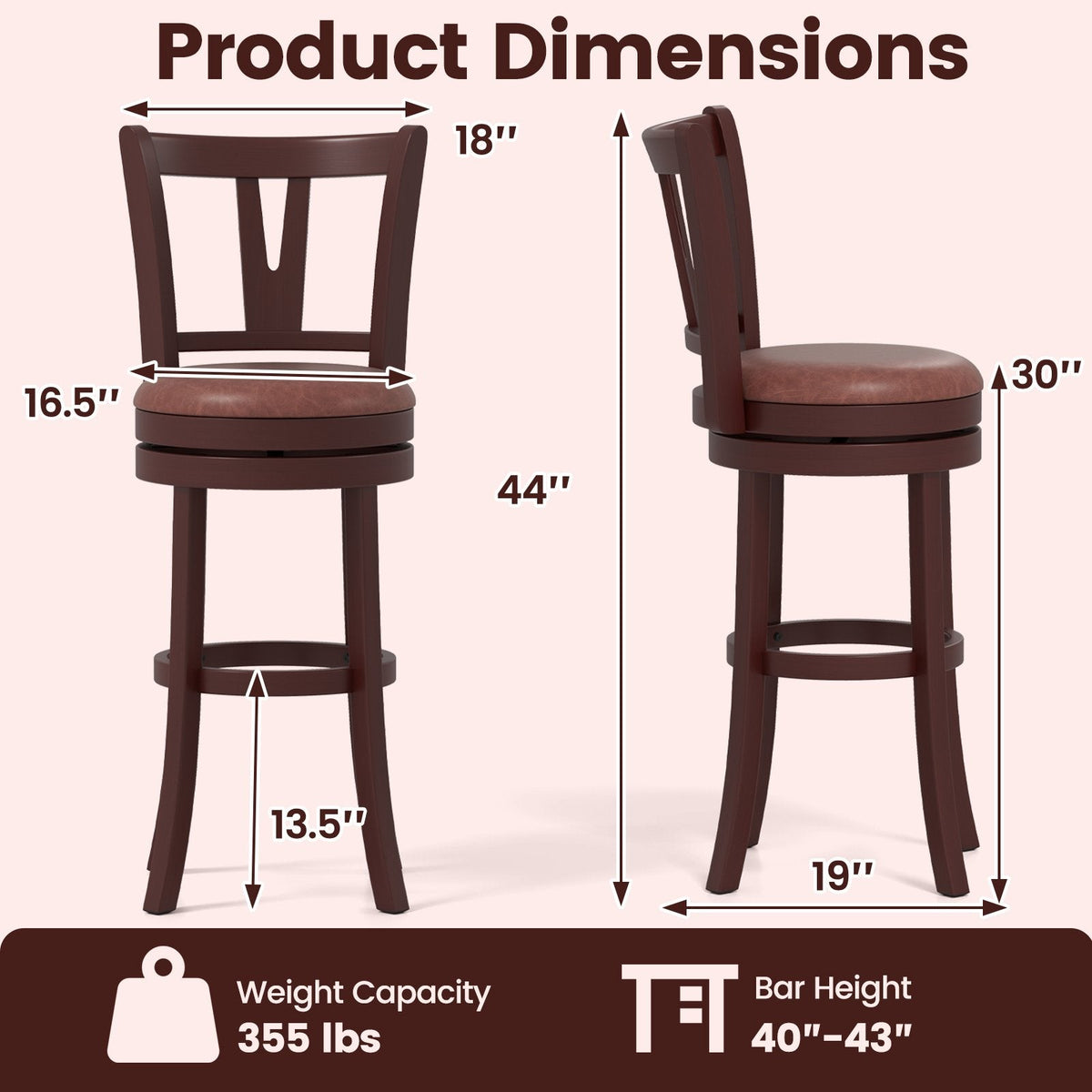 Set of 2 Bar Height Swivel Stools with High Backs and 105 Degree Recline, 30 Inch Seat