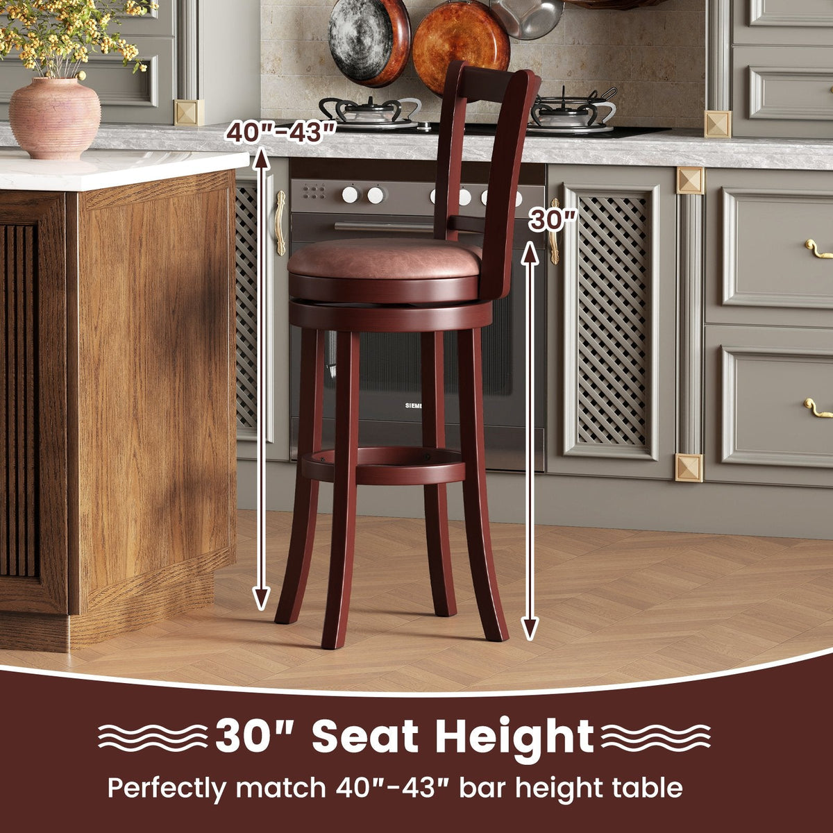 Set of 2 Bar Height Swivel Stools with High Backs and 105 Degree Recline, 30 Inch Seat