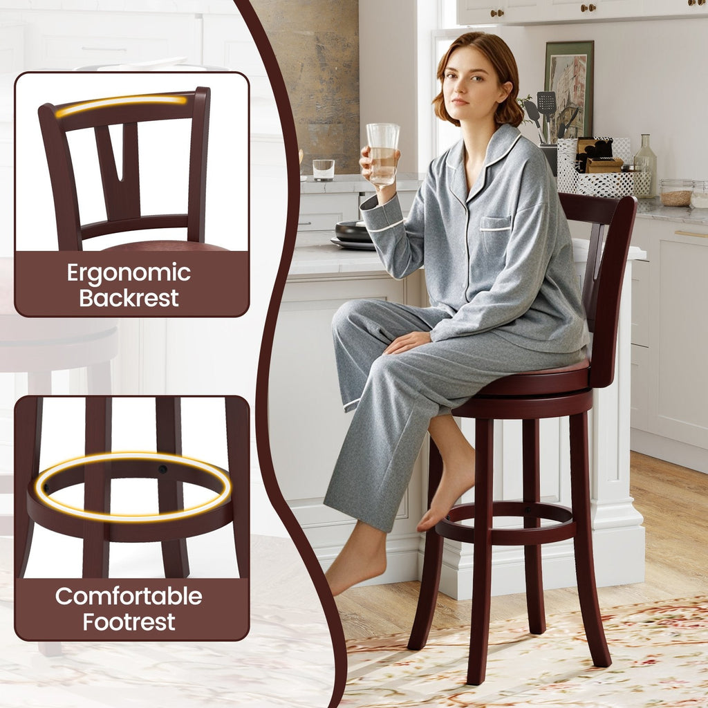 Set of 2 Bar Height Swivel Stools with High Backs and 105 Degree Recline, 30 Inch Seat
