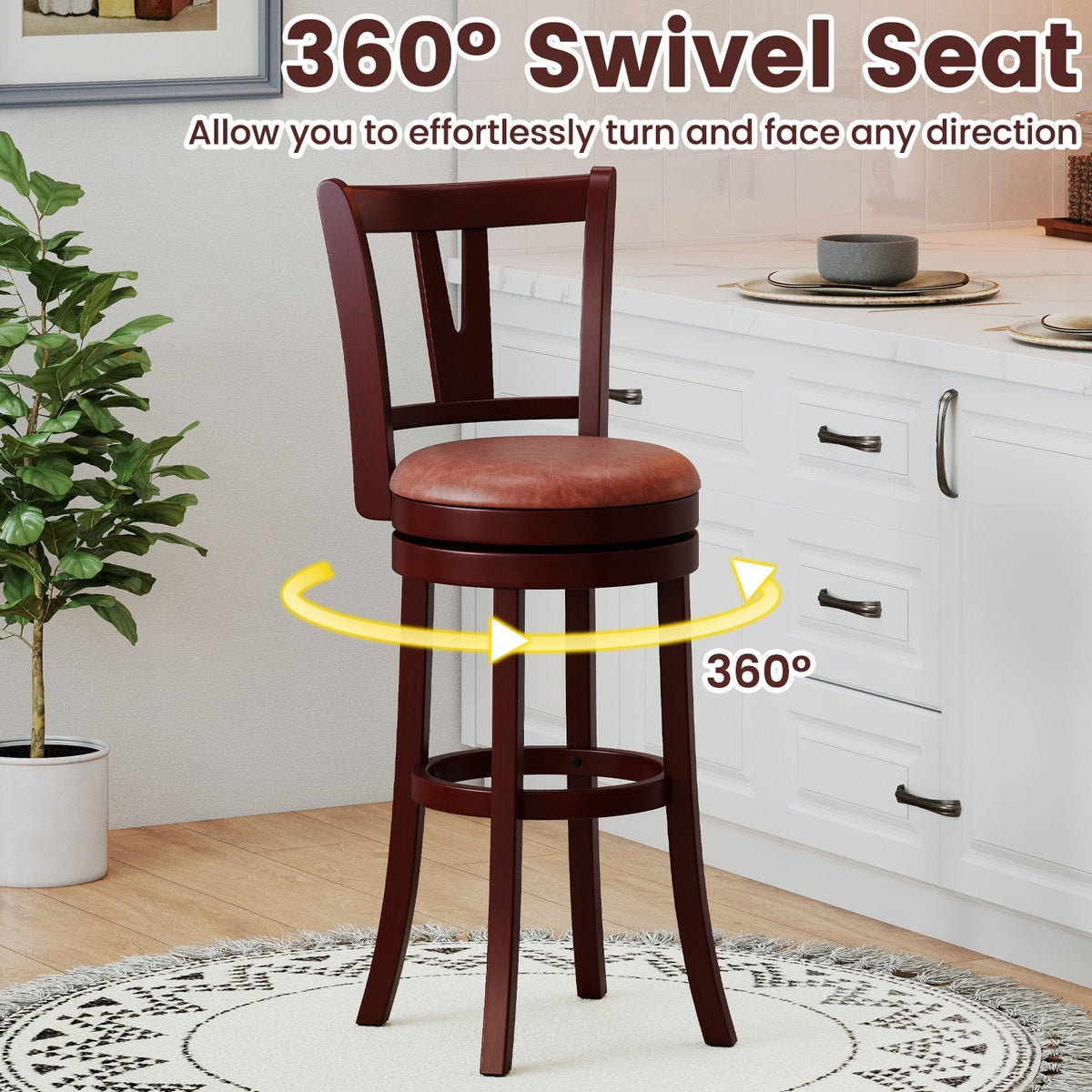 Set of 2 Bar Height Swivel Stools with High Backs and 105 Degree Recline, 30 Inch Seat