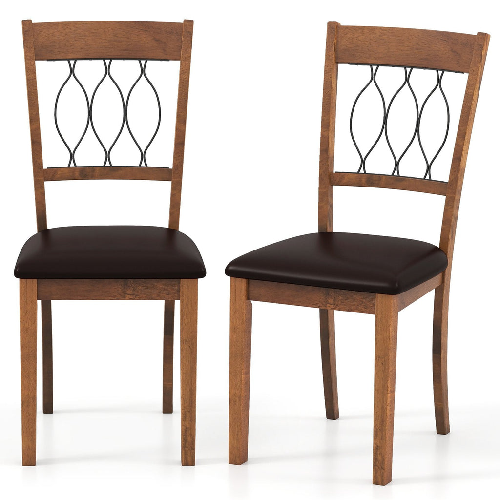 Set of 2 Dining Chairs with Wave Cut Out Back, Walnut Rubber Wood and Dark Brown Faux Leather Seat