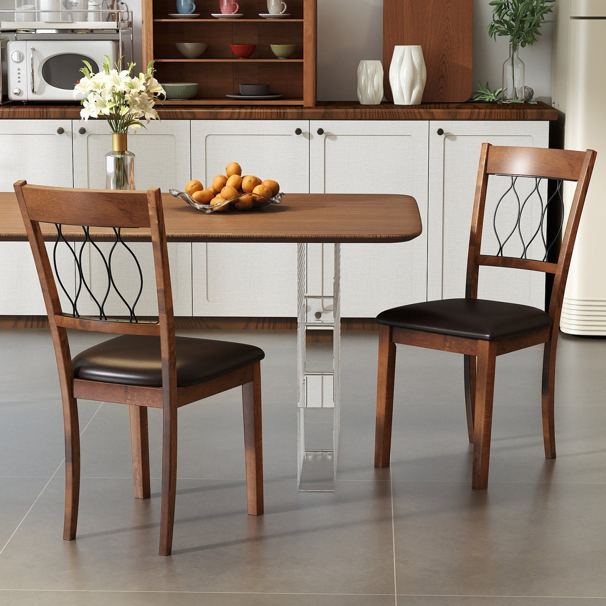 Set of 2 Dining Chairs with Wave Cut Out Back, Walnut Rubber Wood and Dark Brown Faux Leather Seat