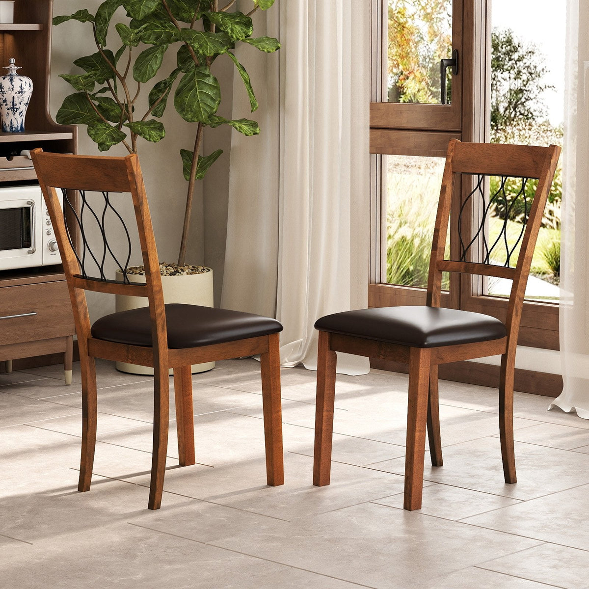 Set of 2 Dining Chairs with Wave Cut Out Back, Walnut Rubber Wood and Dark Brown Faux Leather Seat