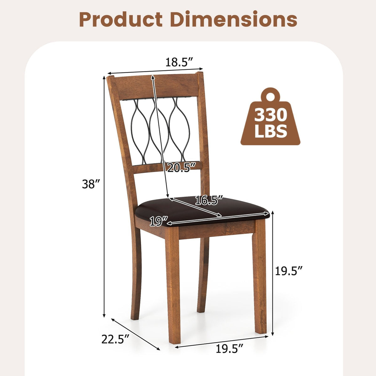 Set of 2 Dining Chairs with Wave Cut Out Back, Walnut Rubber Wood and Dark Brown Faux Leather Seat